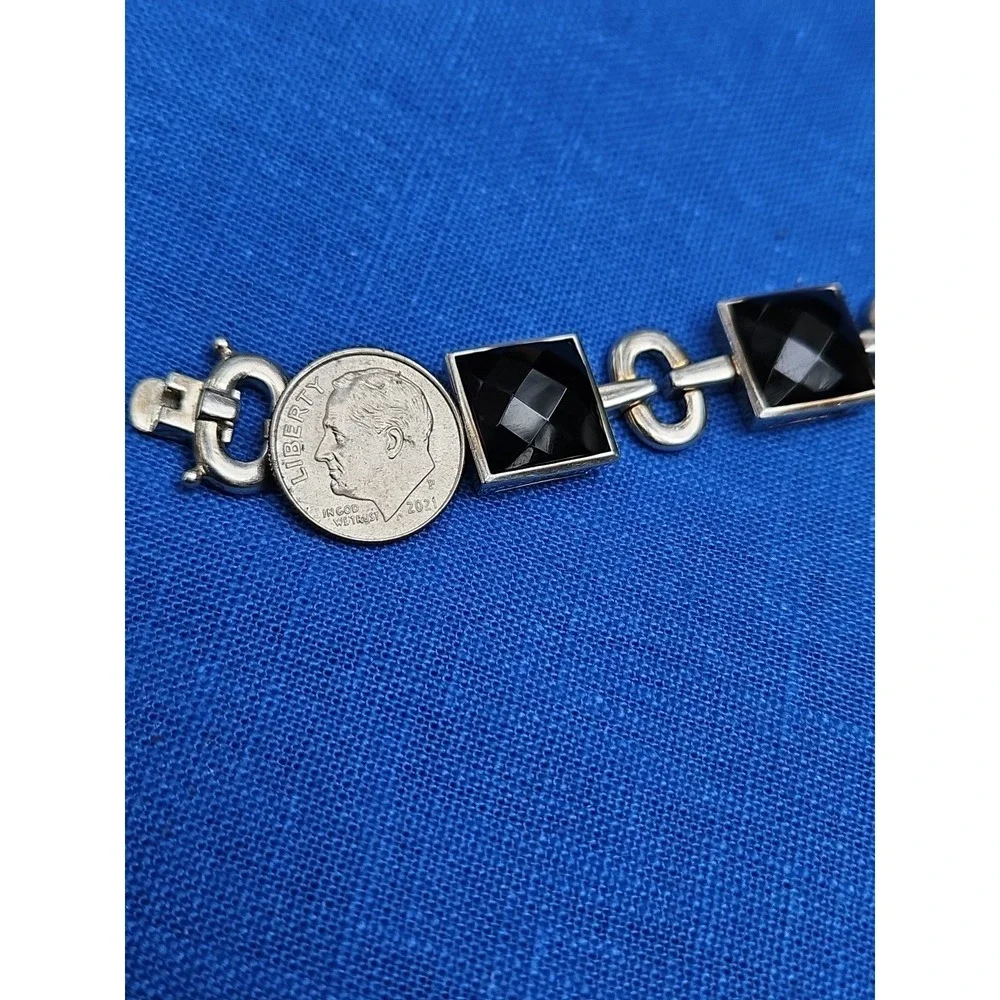 Sterling Black Amethyst Onyx Bracelet Prism Cut 14mm Statement Oval Link 6.5